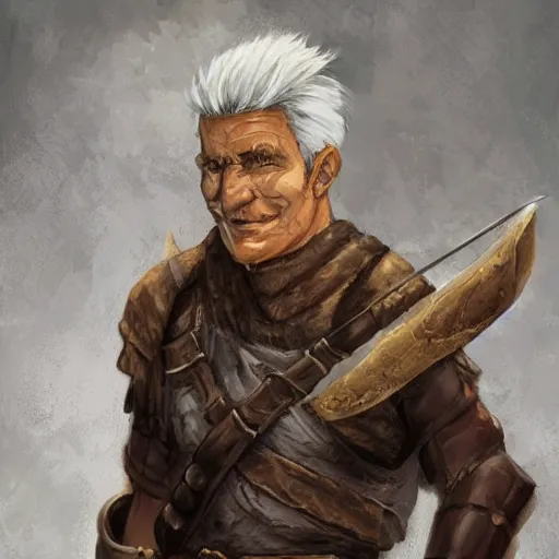 Prompt: dnd character portrait of human male fighter in his 6 0 s eating beef jerky