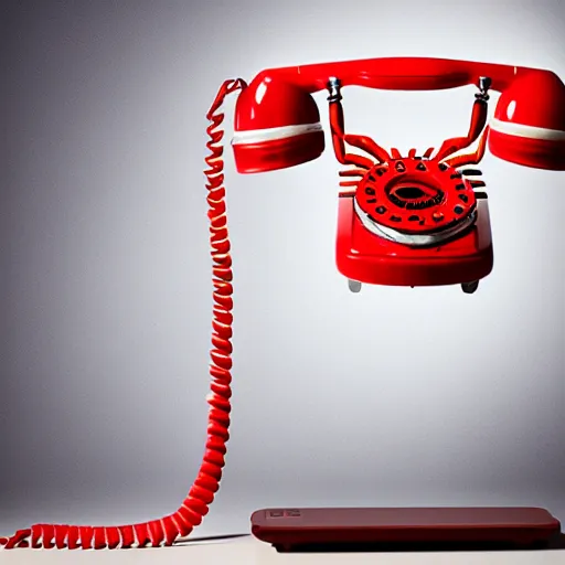 Image similar to commercial product photography advertisement for Salvador Dali’s Lobster phone, a red Rotary telephone with a lobster handset, The handle of the rotary phone is a plastic lobster, dark background, low key lighting, backlit, commercial studio lighting