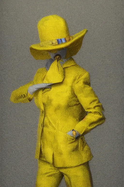 Prompt: a scene filled with yellow fog and with a creature wearing a super colorful muted color diy! suit, with a lot of pockets and details, vivienne westwood!, detailed photoreal render octane render, oil on canvas, pointillism