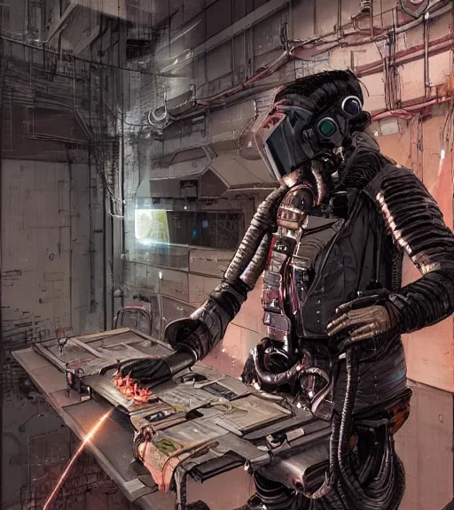 Image similar to realistic cyberpunk japanese engineer with long limbs and a black spacesuit welding a wall, techwear, dead space, visible face, Industrial Scifi, detailed illustration, character portrait, by Martin Grip and Moebius