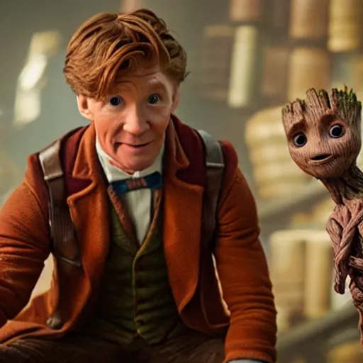 Image similar to newt scamander taking care of baby groot from guardians of the galaxy
