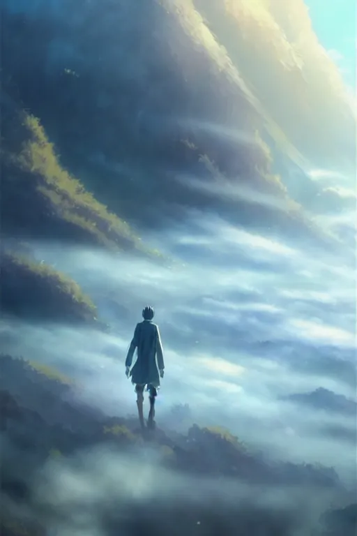 Image similar to a large humanoid kaiju creature, smooth translucent white skin, walking above the clouds and fog, movie poster, by makoto shinkai an krenz cushart