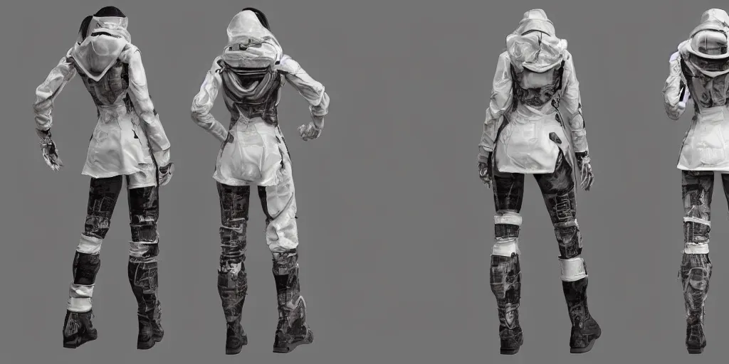 Image similar to Front and back view of a woman in scientist jacket with a system of straps and pouches for collecting material by Tetsuya Nomura with Ralph Horsley and Mario Testino, trending on artstation and pixiv clean sci-fi concept art and sheet that using unreal engine 5 render and hyper detailed 3D texture with cinematic software light