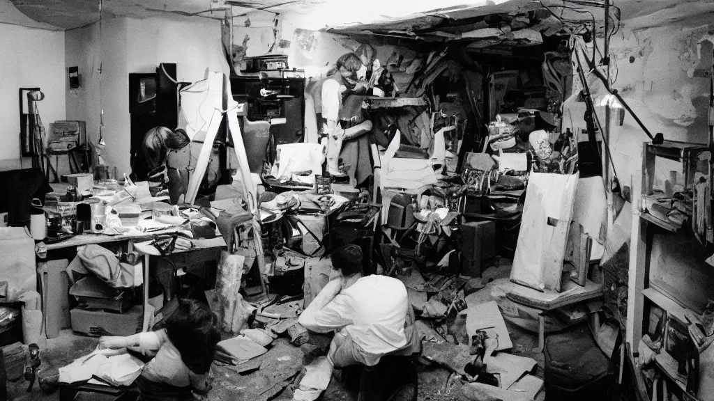 Image similar to A group of artists working in their cramped basement, 90s Film Photo, Flash Photography, 40mm lens, Award Winning, 8k Film Scan