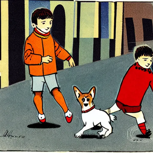 Image similar to book illustration of a french boy on the streets of paris playing football against a corgi, the dog is wearing a polka dot scarf, 1 9 6 6