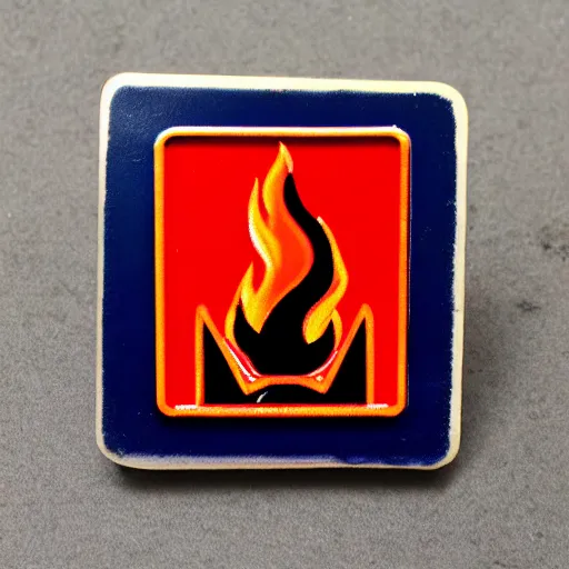 Image similar to a square enamel pin of a caution fire hazard label, smooth curves