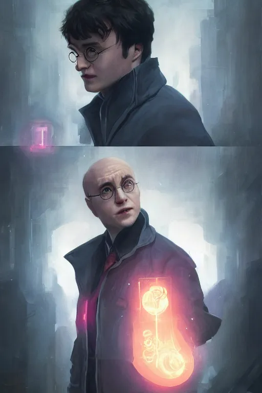 Image similar to Portrait of Harry Potter in cyberpunk, implants, neon cinematic lighting, digital art from artstation by Ruan Jia and Mandy Jurgens and Artgerm and william-adolphe bouguereau and Greg Rutkowski and Wayne Barlowe