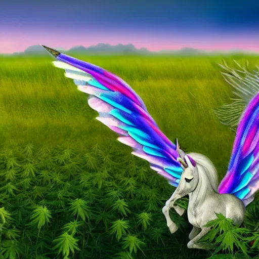 Image similar to a iridescent unicorn with wings eating in a field of marijuana, wildlife photography, 8 k, highly detailed