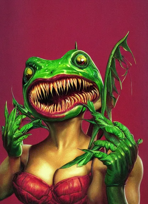 Prompt: portrait of Audrey II from Little Shop of Horrors (1986) in Society (1989), highly detailed, centered, solid color background, digital painting, artstation, concept art, smooth, sharp focus, illustration, artgerm, donato giancola, Joseph Christian Leyendecker, Les Edwards, Ed Repka, WLOP, Artgerm