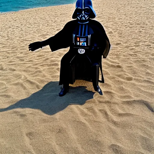 Image similar to darth vader sunbathing in the beach while reading