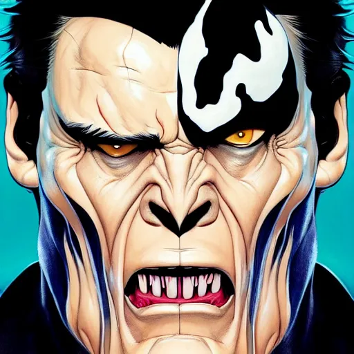 Image similar to jim carrey as venom, marvel supervillain, artstation, cartoon, elegant, highly detailed, digital painting, concept art, smooth, sharp focus, illustration, art by ghibli, makoto shinkai, don bluth, fujita goro, jean giraud, atey ghailan, akihiko yoshida, tom whalen, fadeev 8 k