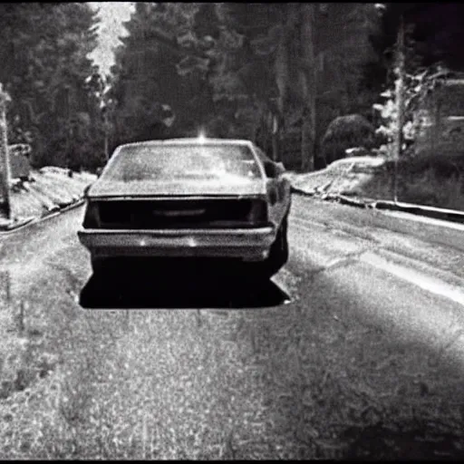 Image similar to a monstrous creature standing in front of the headlights of a car, filmed by a dashcam, movie still, 80s horror movie