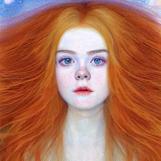 Image similar to Painting of Elle Fanning in orange tornado, long blonde hair, delicate, pale milky white porcelain skin, by Klimt. 8K. Extremely detailed.