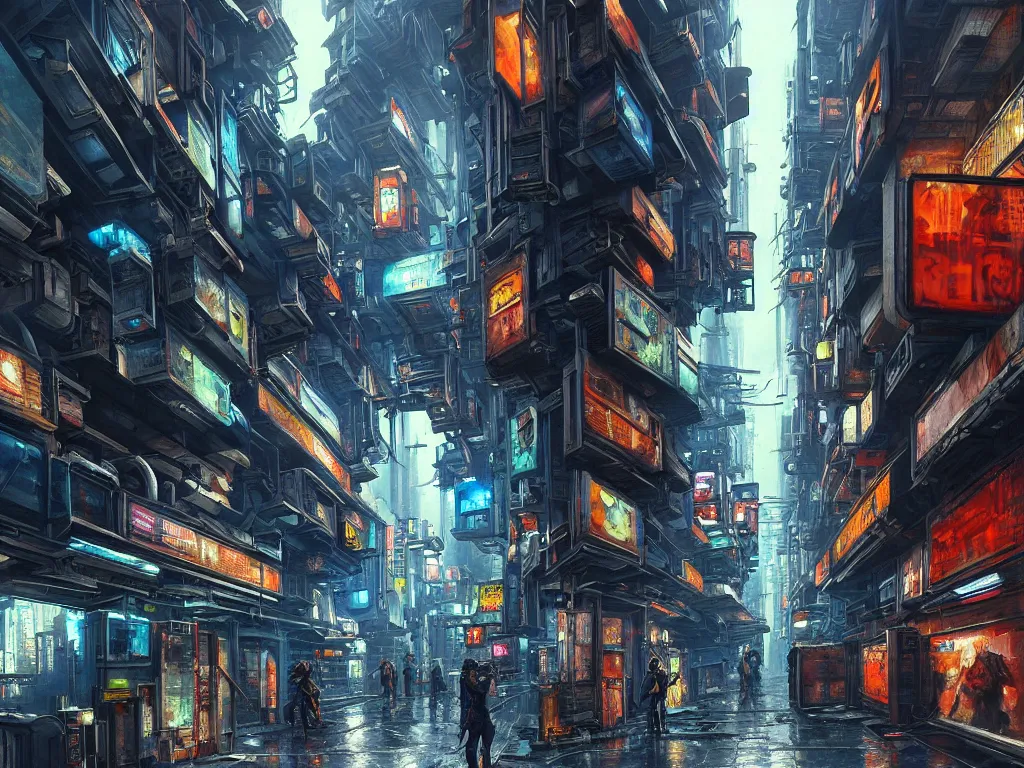 Prompt: realistic painting of a complex, distorted, gritty alleyway of a futuristic city, piping, concept art, technological screens, cyberpunk style, cyberpunk ads, signs, computation, intricate detail, noriyoshi ohrai and edward hopper, realism, blue color scheme, trending on artstation