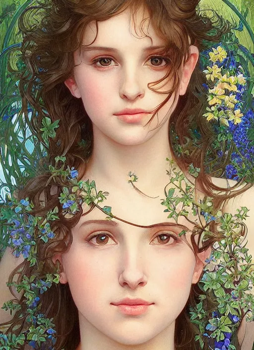 Prompt: realistic detailed painting of a 1 6 - year old girl who resembles millie bobby brown and natalie portman with a shy, blushing, coy expression wearing a sundress at night by alphonse mucha, ayami kojima amano, charlie bowater, karol bak, greg hildebrandt