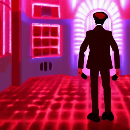 Prompt: godot from ace attorney standing in a room engulfed in red light, cinematic, bloom, breathtaking, illustration