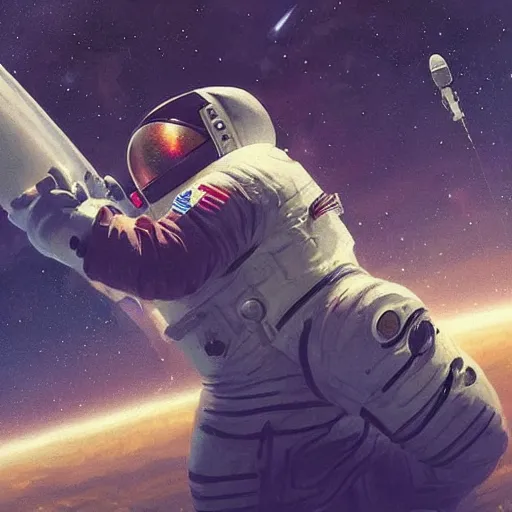 Prompt: astronaut floating in space holding a microphone lots of stars greg rutkowski