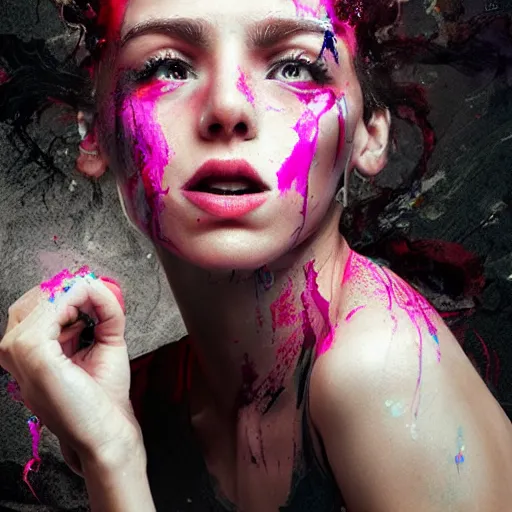 Image similar to women portrait made out of exploding paint, epic hair, octane render, highly detailed, realistic, comic book art