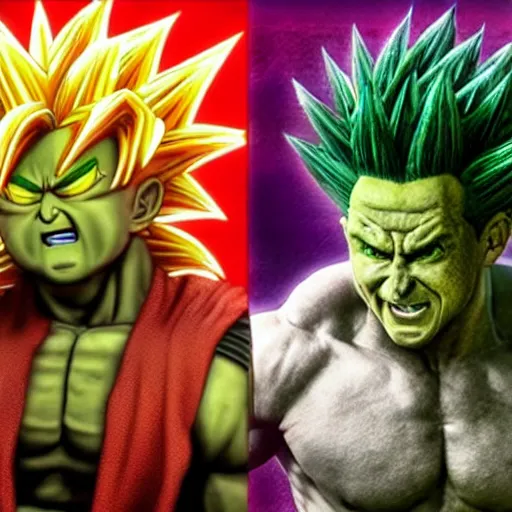 Image similar to Photo realistic live action Super Saiyan Frank Zappa vs Majin Nickacado Avacado WWE takedown ray traced 8K anti-aliased highly detailed cinematic render award winning photography