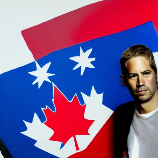 Prompt: Paul Walker holding Canadian flag next a blue r34 skyline, painting