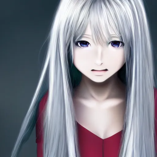 Image similar to anime, young girl with long wavy light silver hair with blackness int the eyes, hd,