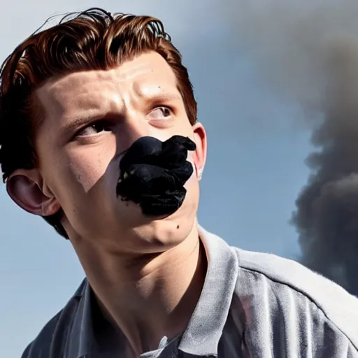 Image similar to tom holland getting arrest while exhaling a cloud of smoke, candid photography