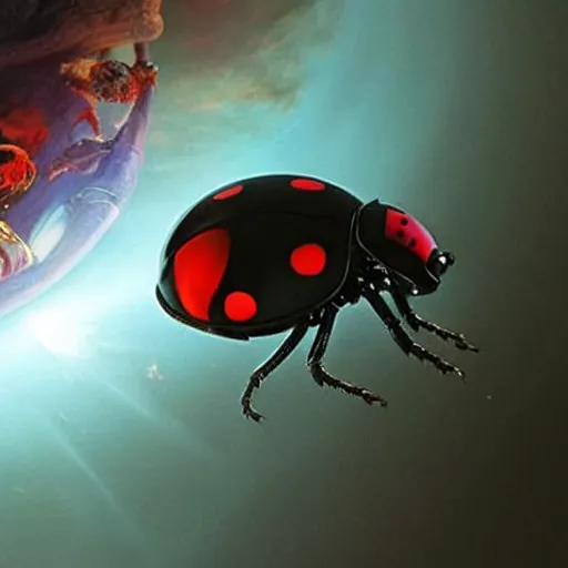 Prompt: film still, future ladybug ( ( descendants ) ), ladybug quadruped with big rgb eyes, huge ladybug mothership, epic cosmos, dramatic lighting, ( e. t. the extra - terrestrial ), batteries not included. imax, 7 0 mm.
