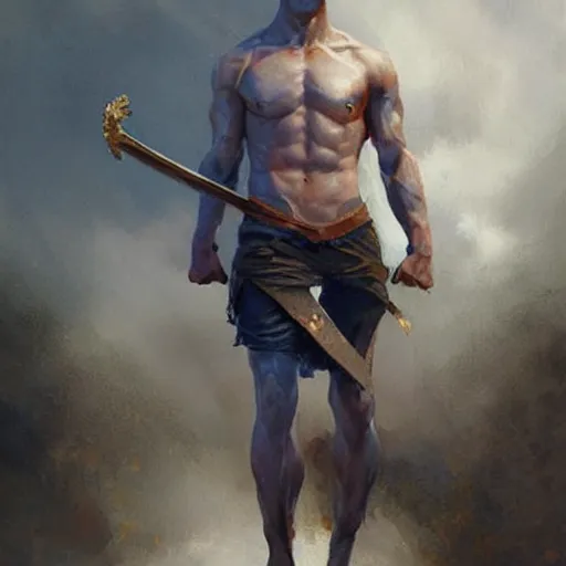 Image similar to young warrior marching toward the viewer, male, muscular, blue eyes!!!!, straight nose!!!, detailed face, exposed thighs!!!, highly detailed, painting by greg rutkowski