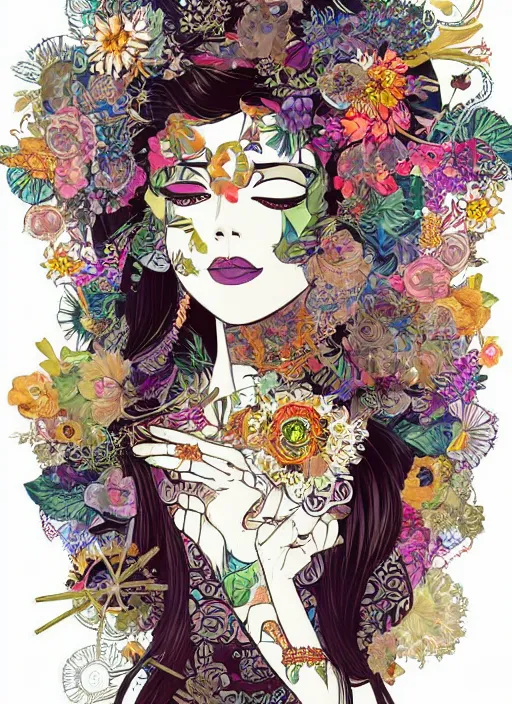 Image similar to !!! very coherent!!! vector art, beautiful floralpunk balinese cyborg portrait girl female illustration detailed patterns art of bali traditional dress, flower pop art, floral splash painting, art by geof darrow, ashley wood, alphonse mucha, makoto shinkai, dark shadow