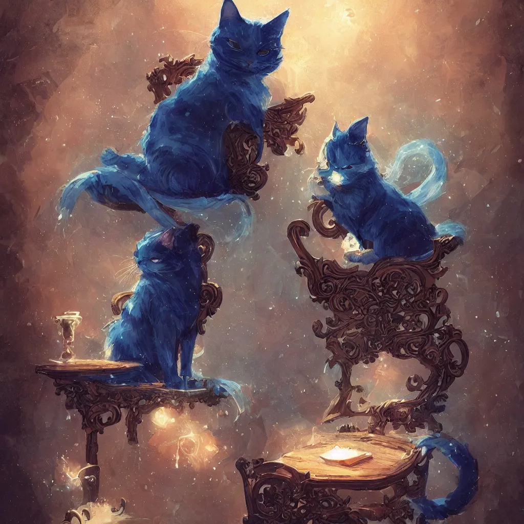 Image similar to anime cat with cloak laying on a magical wood carved chair, super powers, glowing tiny blue lines, concept art, by greg rutkowski, overdetailed art