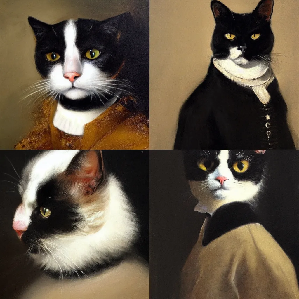 Prompt: beautiful painting of a royal tuxedo cat by Rembrandt, trending on Artstation