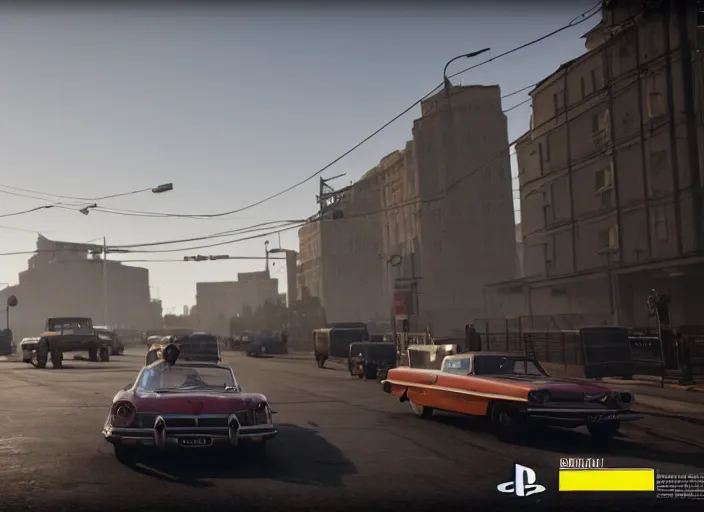 Image similar to hyperrealistic matte painting of gta game in moscow, 1 9 6 0, playstation 5 screenshot, man in adidas, mega details, golden hour, fog beautiful rtx reflections, soviet suburbs, photorealistic, unreal engine 5, octane render, volumetric light, featured on cg society, 4 k, 5 0 mm bokeh, russian lada car, artstation