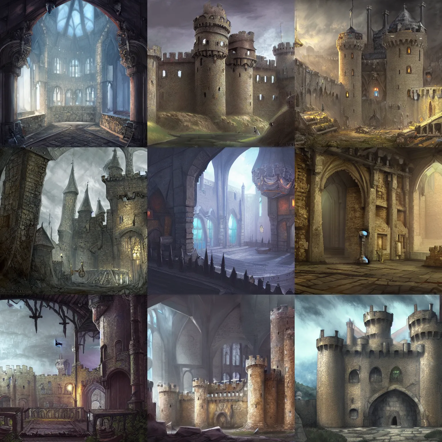 Prompt: inner ward of a fantasy medieval castle, concept art, key visual, background, very detailed, digital art