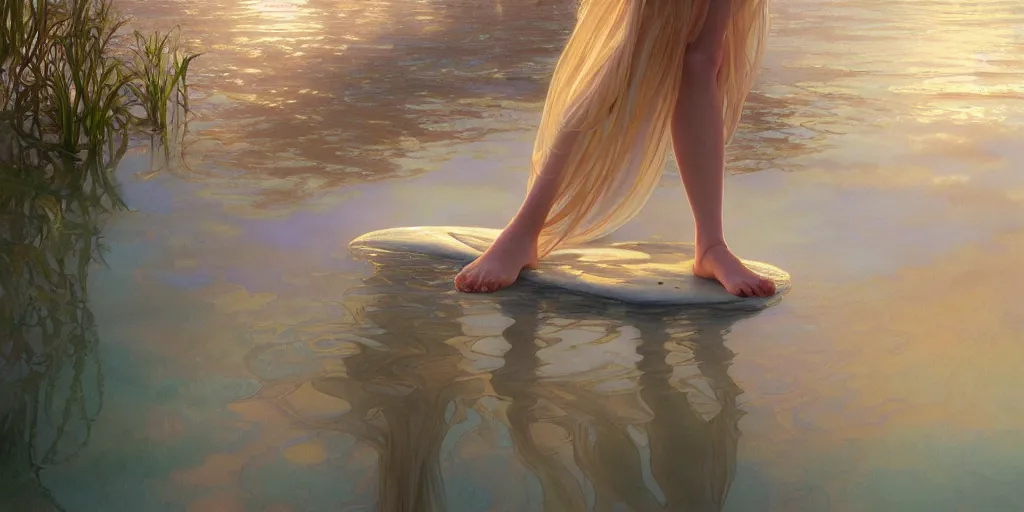 Image similar to highly detailed portrait of a barefoot white skirt girl stand on the water, water surface reflection, the calm sea level, ultra wide angle, gold filigree, romantic storybook fantasy, soft cinematic lighting, award, disney concept art watercolor illustration by mandy jurgens and alphonse mucha and alena aenami, pastel color palette, featured on artstation