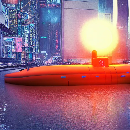 Image similar to a submarine with orange led glow stripes, wandering in the river, asia, cyberpunk, japan, land, rain, dark, lostus flowers, octance render, artstaion