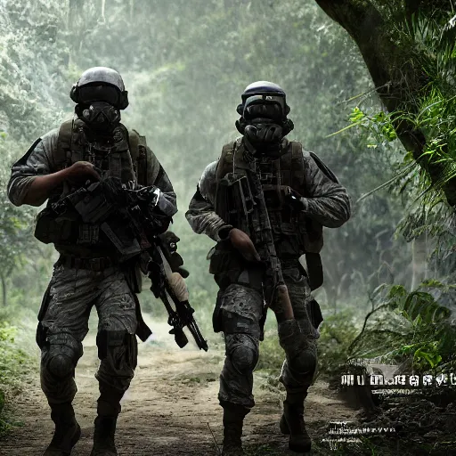 Image similar to Mercenary Special Forces soldiers in light grey uniforms with black armored vest and helmet escorting a VIP in the jungles of Tanoa, combat photography by Feng Zhu, highly detailed, excellent composition, cinematic concept art, dramatic lighting, trending on ArtStation