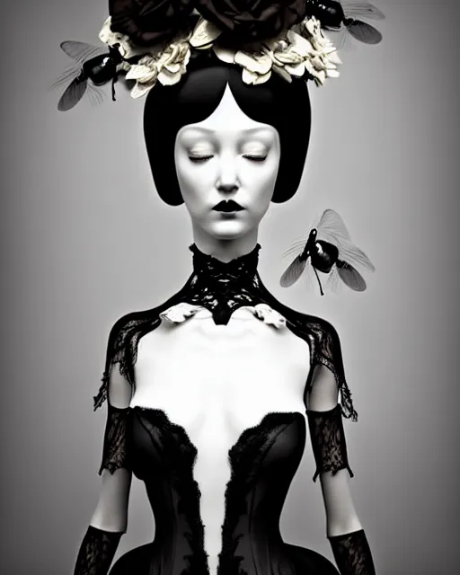 Image similar to dreamy surreal poetic black and white 3D render of a beautiful young porcelain female-creature-cyborg-vegetal with a very long neck and a super big gothic lace collar filled with dead flies and a very high big floral crown with many black dry roses:: smoke, high fashion, haute couture, rococo, avant-garde, elegant, dreamy, hyper realistic, 150 mm lens, soft rim light, octane render, unreal engine, volumetric lighting, dramatic light,8k,