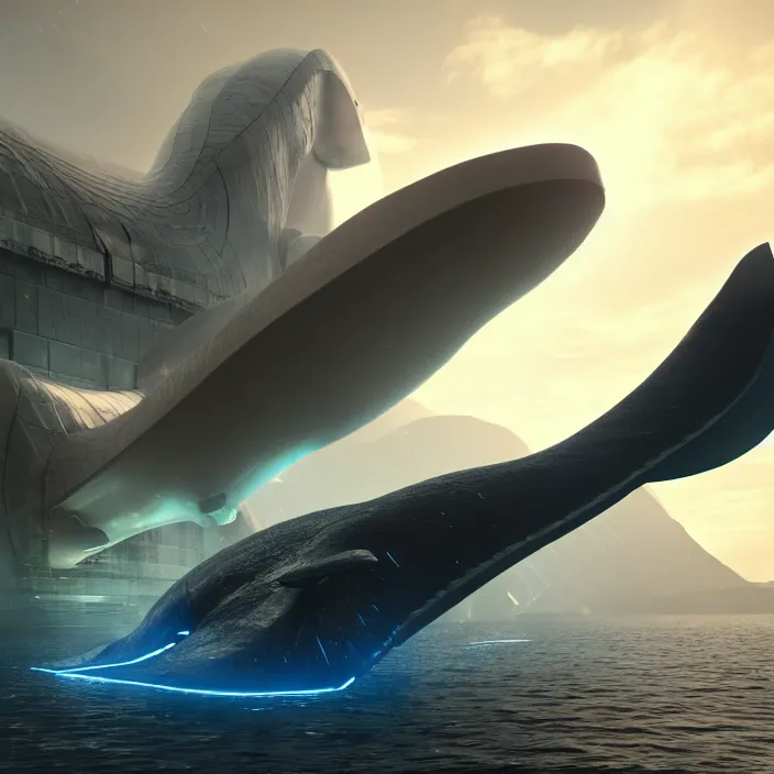 Prompt: Cyber ​​Fortress on the Back of a Giant Whale, hard sci-fi,global illumination, physically based rendering, photoreal, small details, intricate, science fiction fantasy