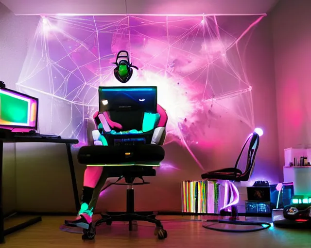 Prompt: an alien spider hybrid in bodysuit playing computer games in a streamer bedroom, sitting in gaming chair, wearing gaming headset, rgb wall light