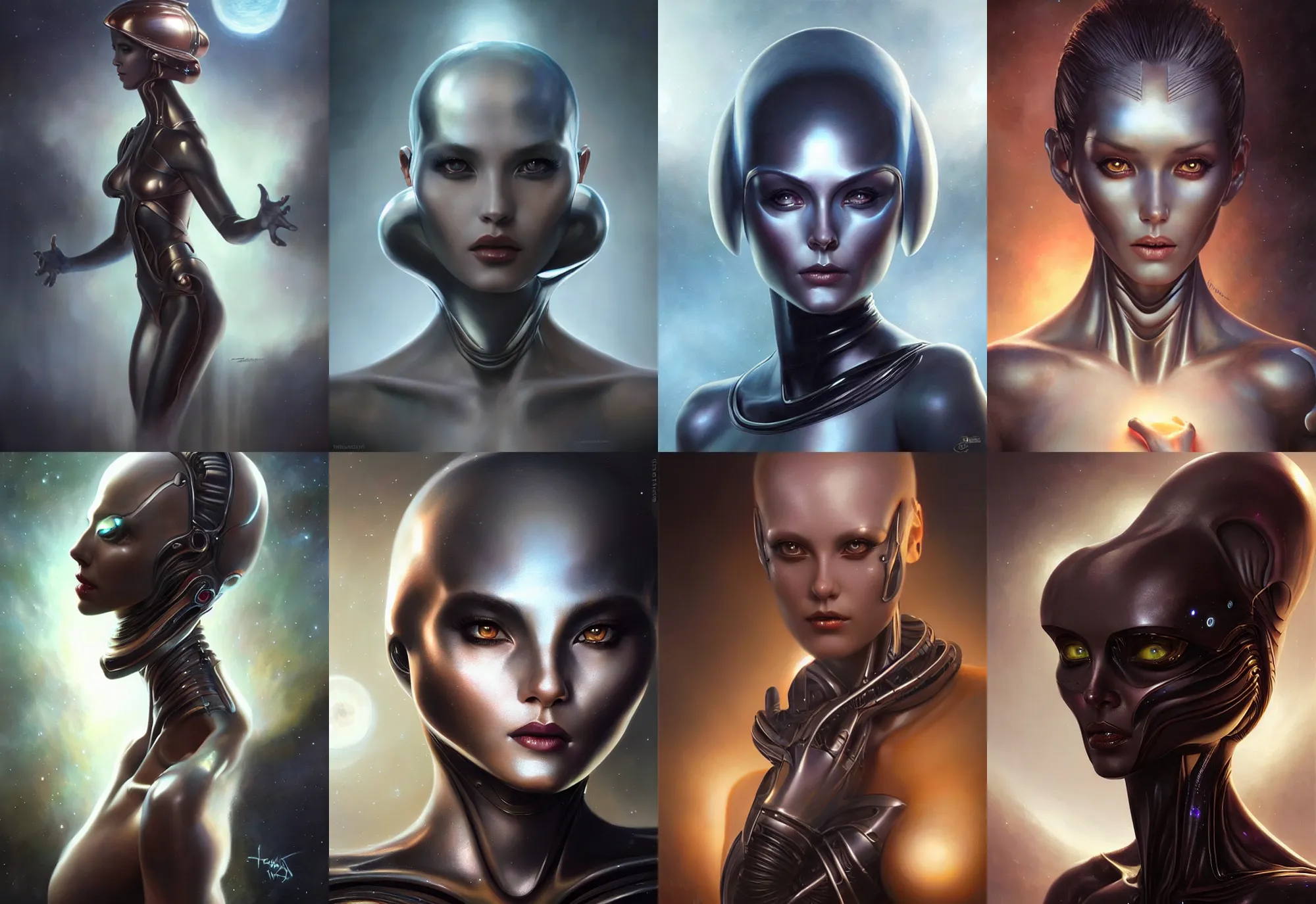 Prompt: a beautiful alien woman with steel skin, painted by artgerm and tom bagshaw, fantasy art, dramatic lighting, highly detailed oil painting