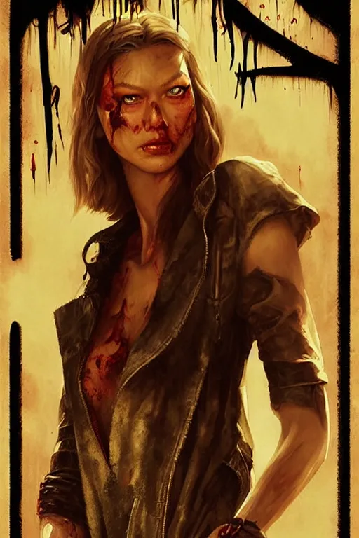 Prompt: movie poster of Karlie Kloss staring in a 1980 horror movie, zombie themed, by artgerm and greg rutkowski