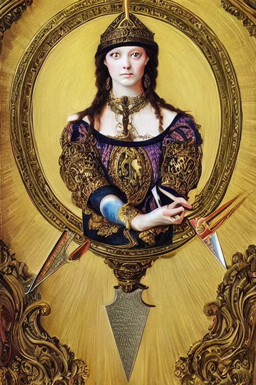 Image similar to hyper realistic painting portrait of the princess of swords, occult diagram, elaborate details, rococo, baroque, gothic, intrincate ornaments, gold decoration, caligraphy, occult art, illuminated manuscript, oil painting, art noveau