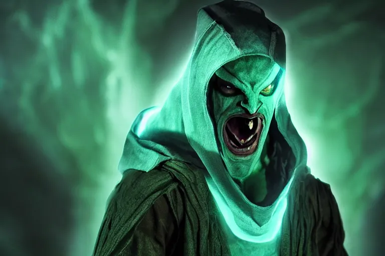 Image similar to vfx film, soul reaver, raziel irl, price of persia movie, missing jaw, hero pose, devouring magic souls, scarf, hood, glowing green soul blade, in epic ancient sacred huge cave temple, flat color profile low - key lighting award winning photography arri alexa cinematography, hyper real photorealistic cinematic beautiful, atmospheric cool colorgrade