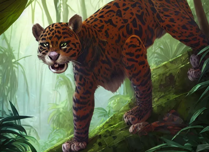 Image similar to character portrait feature of the anthro male anthropomorphic jungle cat jaguar fursona animal person wearing shaman tribal outfit robes belt standing in the amazon rainforest two legs, character design stylized by charlie bowater, ross tran, artgerm, makoto shinkai, detailed, soft lighting, rendered in octane