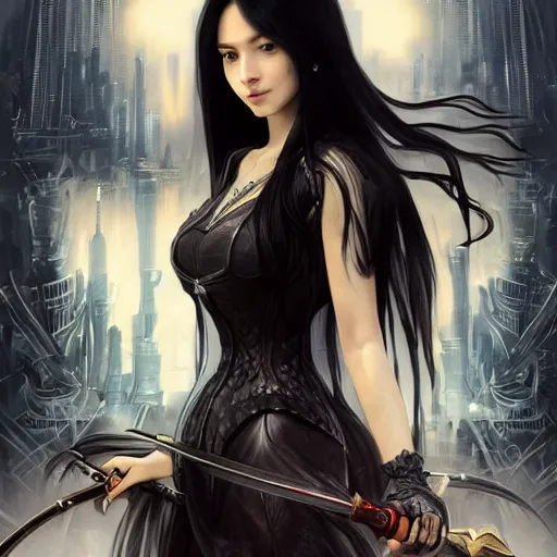 Image similar to portrait of a woman, long black hair, holding sword, in front of a sci fi cityscape, by tetsuya nomura, makoto shinkai, alphonse mucha, detailed, cinematic, wide angle, dark sepia toned shading, luminescent eyes, detailed face, expressive eyes, blue fire everywhere, trending on artstation.