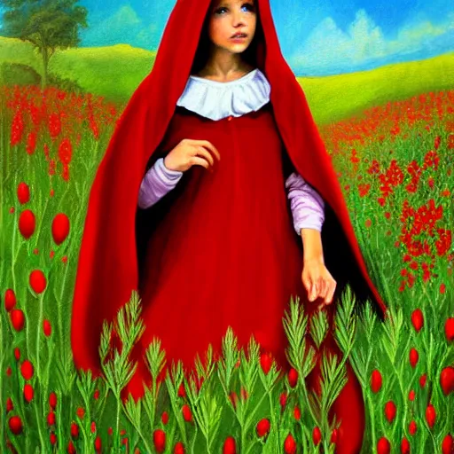 Prompt: painting of little red riding hood walking through a meadow of datura flowers, realistic