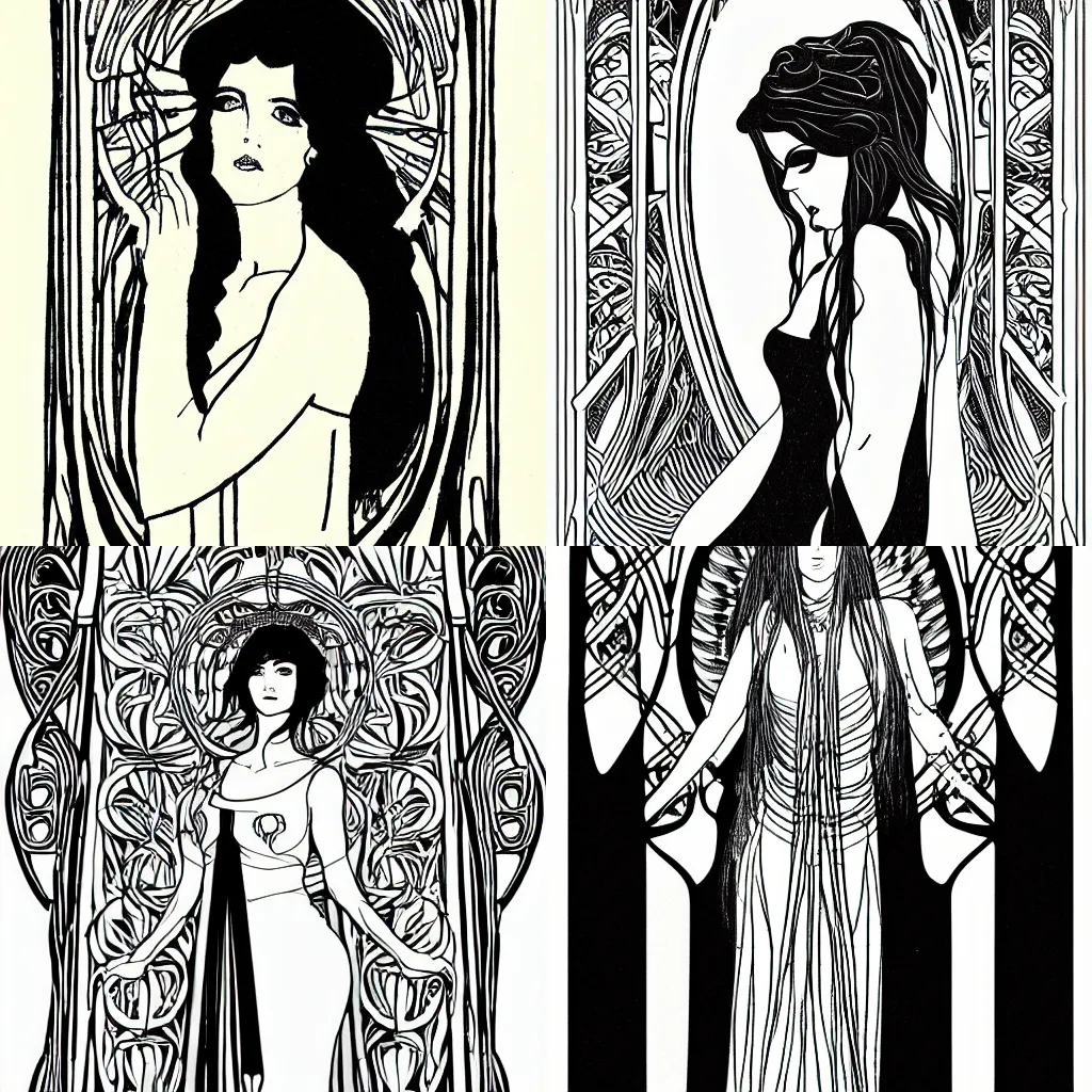 Prompt: studio light, art nouveau temple, long shot black haired priestess in white flowing dress, art nouveau, clean lines, line drawing