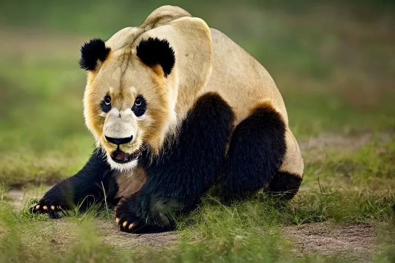 Image similar to a lion panda!!! hybrid! hyper realistic!! realistic lighting!! wildlife photographer of the year!!! bold natural colors, national geographic, hd, wide angle, 8 k