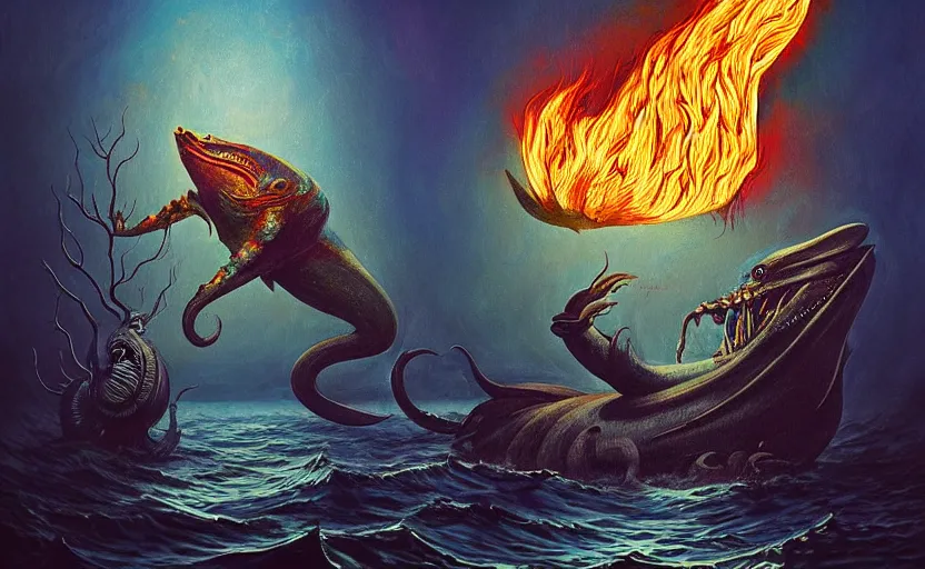 Image similar to mysterious bestiary of wild emotion monsters repressed in the deep sea of unconscious of the psyche lead by baba yaga, about to rip through and escape in a extraordinary revolution, dramatic fire glow lighting, surreal painting by ronny khalil