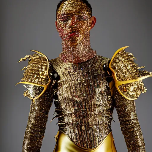 Image similar to a portrait of a beautiful young male wearing an alexander mcqueen armor made of glitter , photographed by andrew thomas huang, artistic